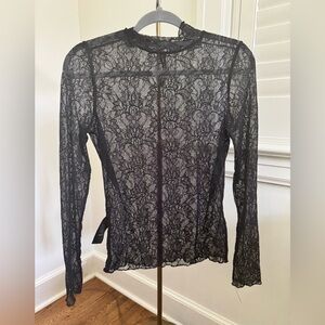 Anthropologie Black Lace Fitted Blouse with Mandarin Collar